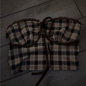 Plaid Strapless Top with Lace Trim